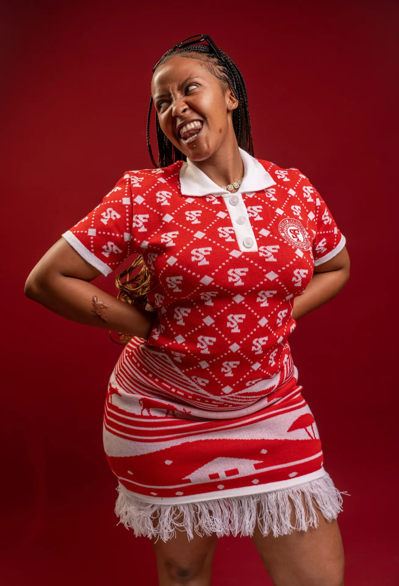 SF Knitwear Polo Dress — Red/White (XS)